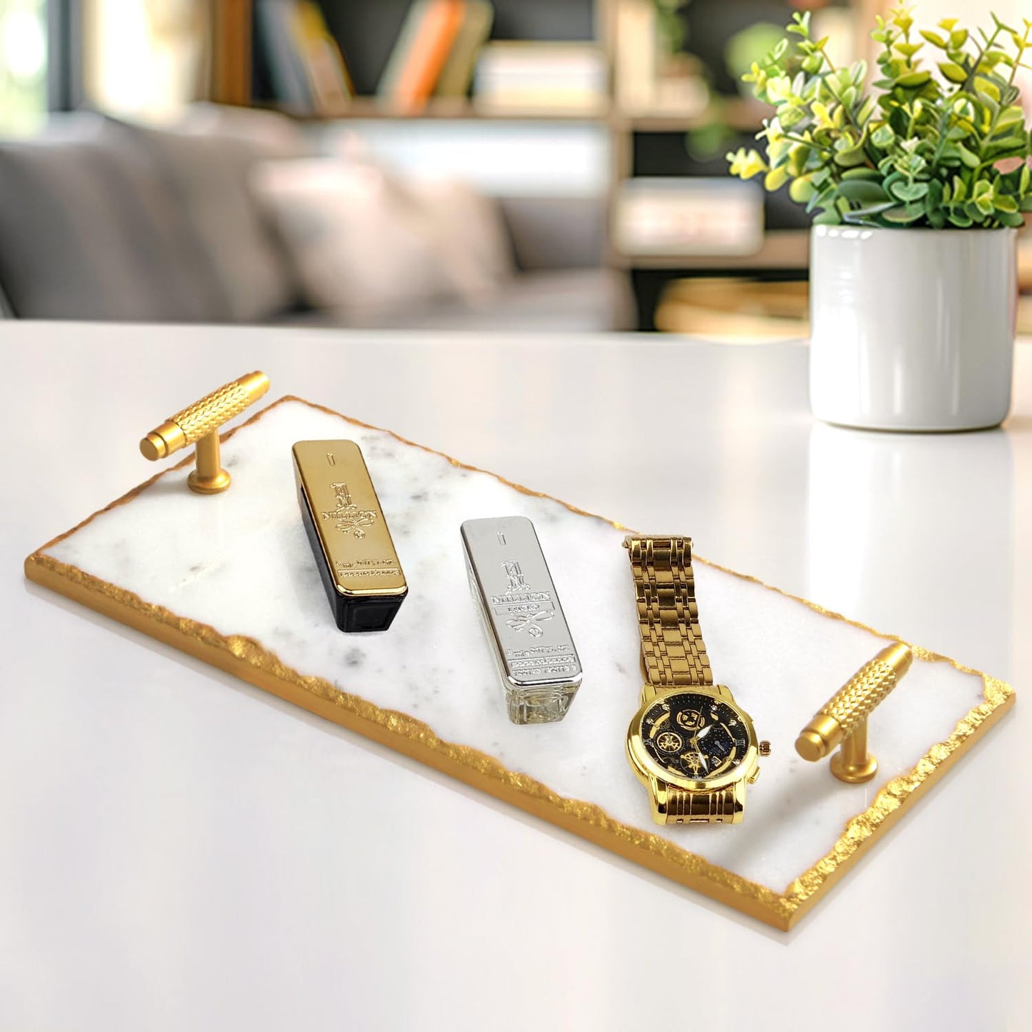 Guest Towel Holder Tray for Bathroom - Premium Marble Tray with Gold Rim - Bathroom Hand Towel Tray, The Perfect Vanity Tray for Bathroom. Ideal Valentines Day Gift.