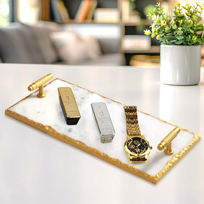 Guest Towel Holder Tray for Bathroom - Premium Marble Tray with Gold Rim - Bathroom Hand Towel Tray, The Perfect Vanity Tray for Bathroom. Ideal Valentines Day Gift.