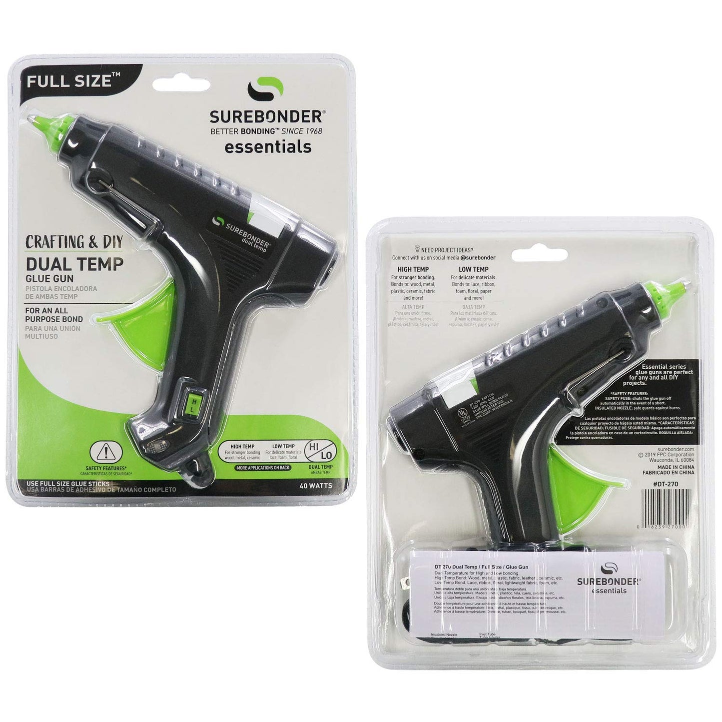 Surebonder Hot Glue Gun Full Size, Dual Temperature 40W Glue Gun for DIY, Craft, & Home Repair, Uses 7/16" Glue Sticks, Black