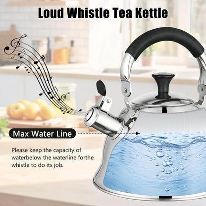 Tinlon Enamel Stainless Steel Whistling Tea Kettle Stovetop - 3.1QT Tea Top Mirror Finish, 304 Stainless Interior, Foldable Handle, Fast Heating for Tea, Coffee & Gifts