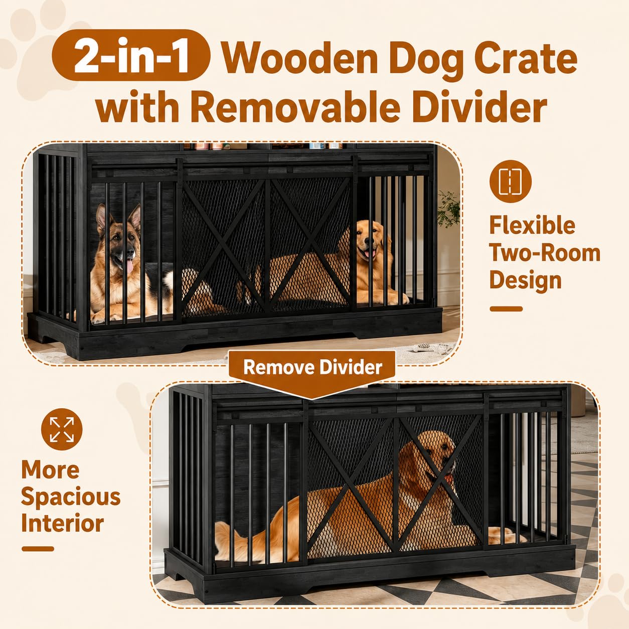 63" Large Dog Crate Furniture, Heavy Duty Indoor Dog Kennel with Removable Divider, Sliding Doors, 2 Drawers and Open Shelves, Decorative TV Stand for Living Room, Black