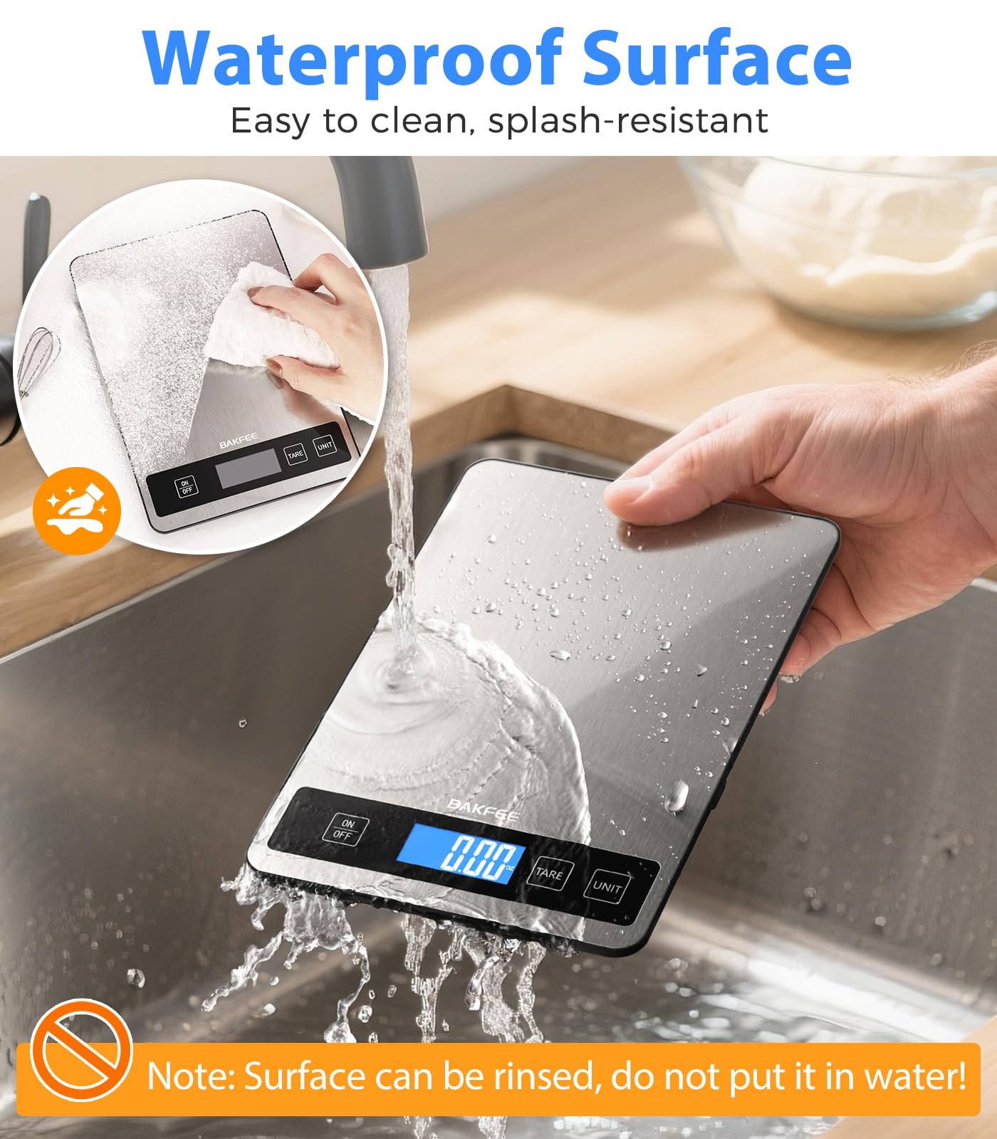BakFee Food Scale - 15kg/33lb Rechargeable Digital Kitchen Scale with Full-View LCD Display, Grams and Ounces, Type-C or Batteries, Easy Clean Stainless Steel, for Baking, Cooking & Meal Prep, Black