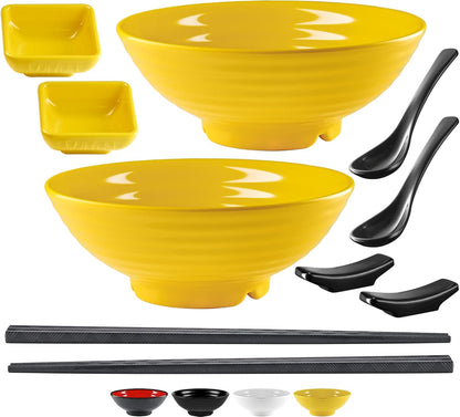 Unbreakable Ramen Bowl Set with Chopsticks and Spoon, 2 Large Japanese Style Melamine Bowls for Pho Soup, Yellow