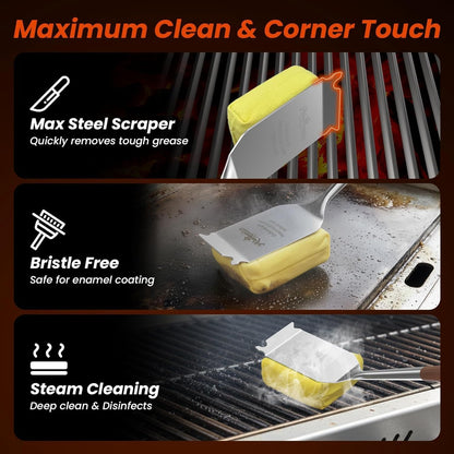 Grill Brush for Outdoor Grill, Bristle Free Grill Brush with Scraper, Safe Steam Grill Cleaner for BBQ &Griddle, Long Rosewood Handle Reaches Corners, for Porcelain, Cast Iron & Stainless Steel Grates