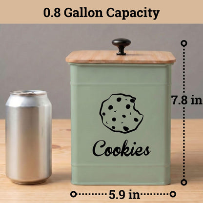 Cookie Jar with Airtight Lid - 1 Gallon - 6"D x 8"H Green Iron Cookie Tin with Bamboo Lid - Large Cookie Jars with Lids Airtight - Farmhouse Cookie Jars for Kitchen Counter Decorative - Cookies Jar