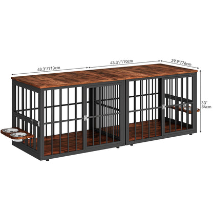 88.6" Large Dog Crate Furniture, Wooden Dog Kennel with Bowls & 3 Doors, Double Crate Furniture TV Stand for Medium Large Dogs, Brown
