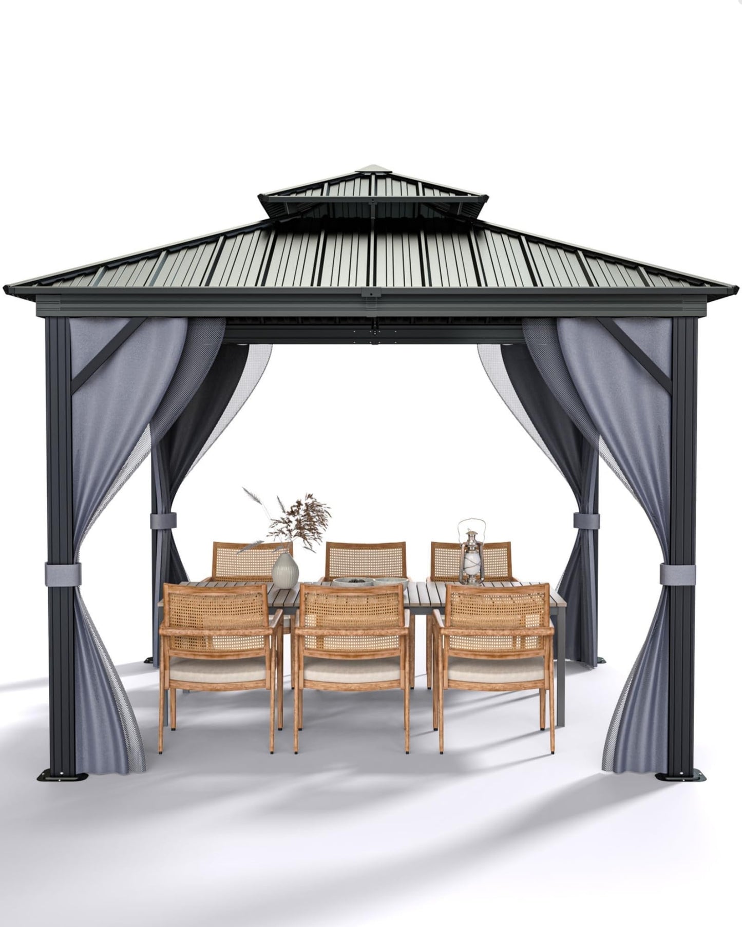 Outdoor Gazebo 12x12 Hardtop, Aluminum Frame Permanent Pavilion with Double Roof, Mosquito Netting & Privacy Curtains for Patio, Garden, Deck, Lawn and Backyard Parties