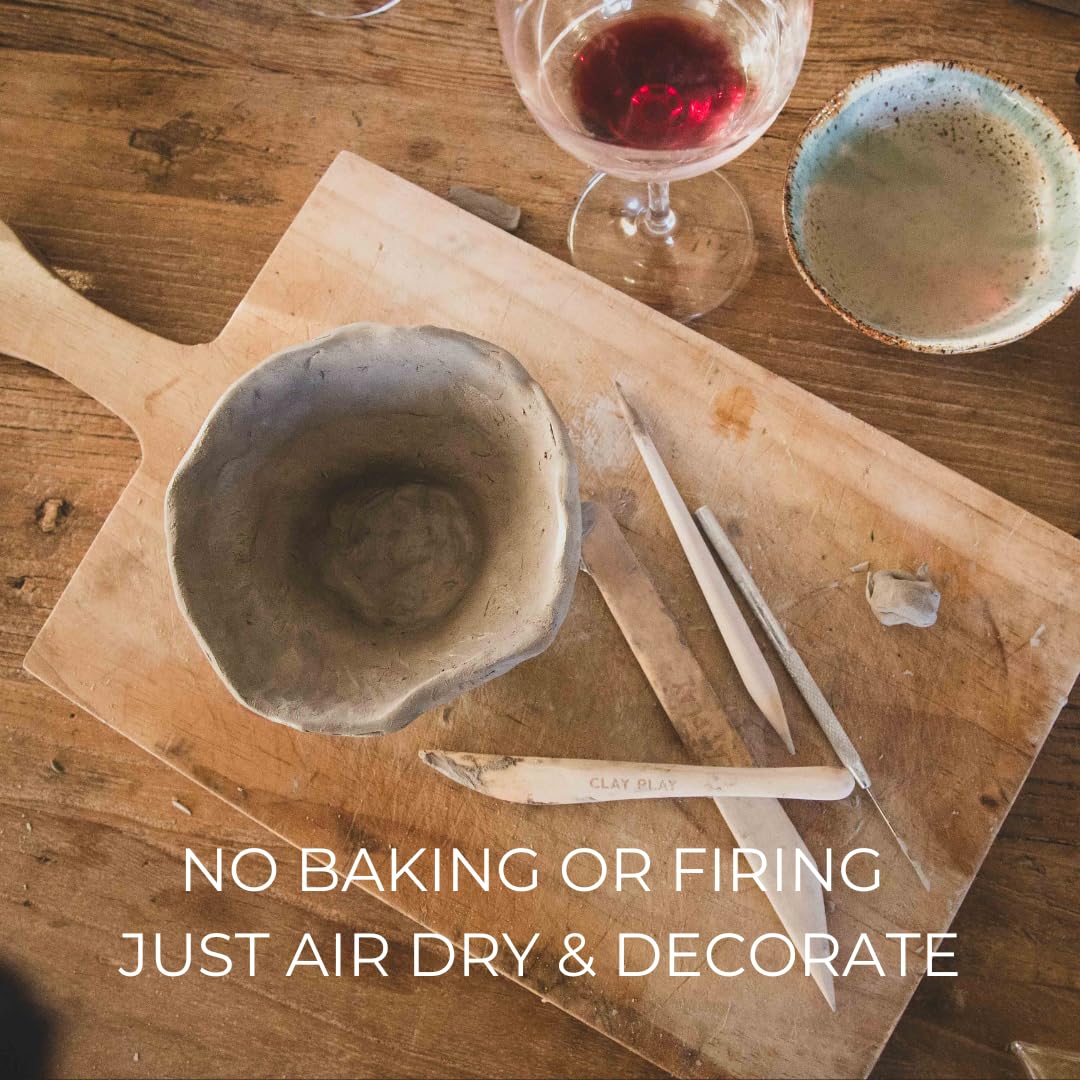 Clay Play at Home DIY Beginner Pottery Kit for Adults with Instructions and Online Tutorials, Air Dry Sculpting Clay, Tool Kit, Base Coat and Sealant for Date Night or Hobbist