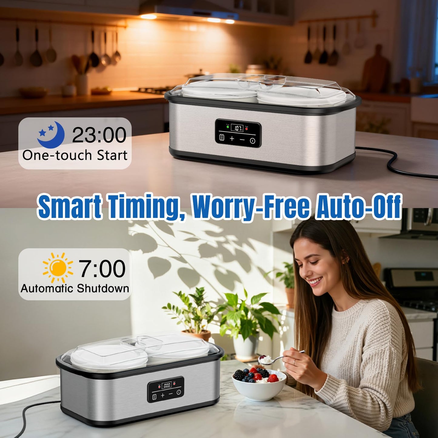 Adjustable Temp & Time Yogurt Maker with Auto Shut-Off, Constant Fermentation, with Two 1-Quart Glass Bowls for Homemade Probiotic Yogurt