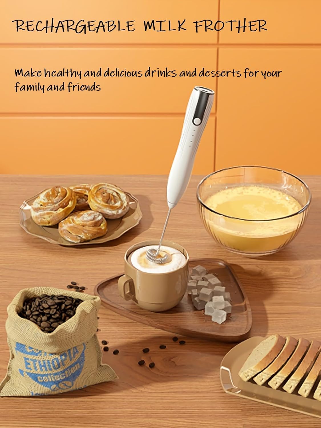 Electric Milk Frother for Matcha, Hot Chocolate, Coffee Creamer, Handheld Design, Type-C Rechargeable Blender (White)