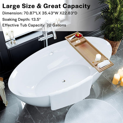 Empava Freestanding Bathtub, 71" Soaking Tub with Center Drain & Overflow – Acrylic Tub, Non-Slip Flat Bottom, Glossy White, cUPC Certified