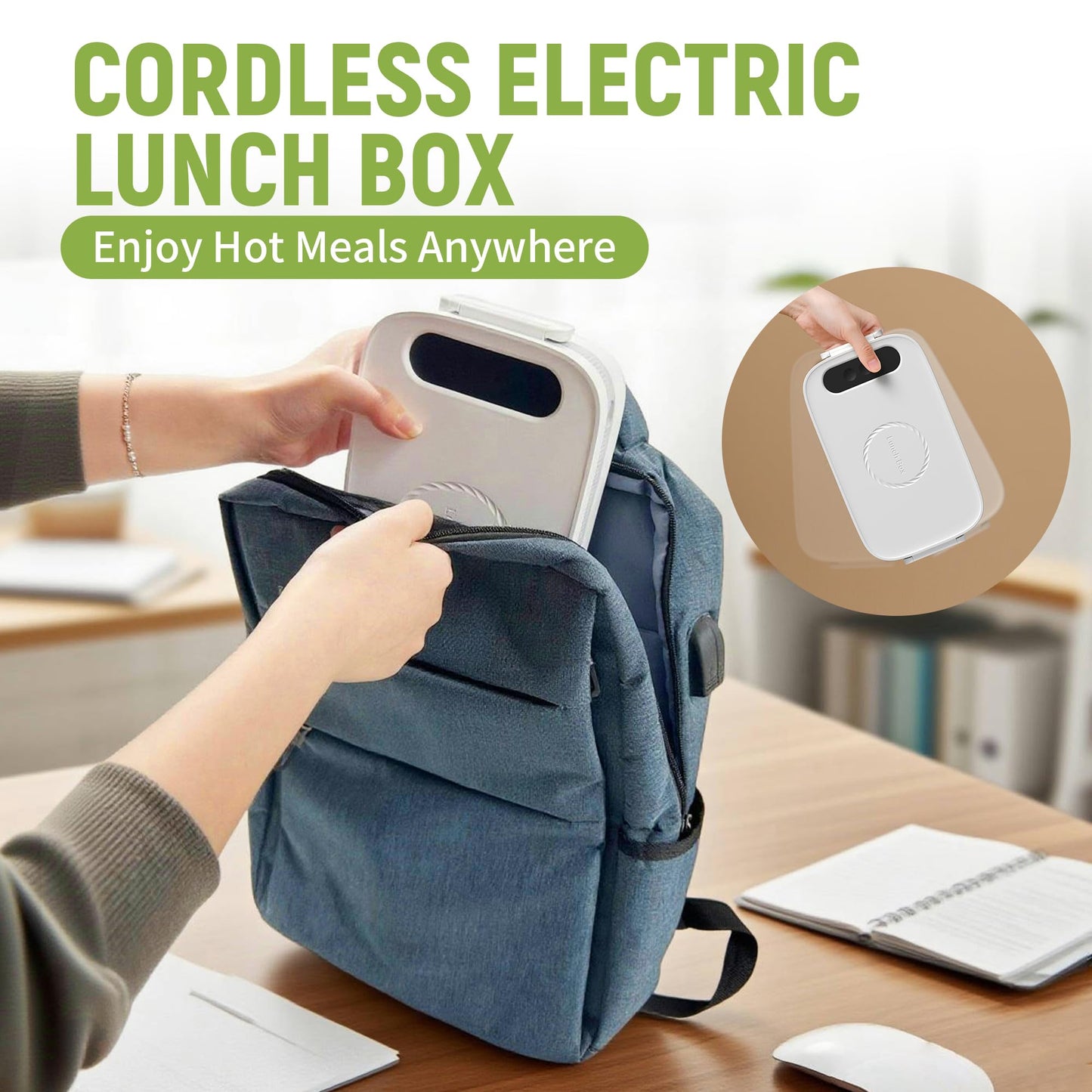 AmaCielo Cordless Electric Lunch Box, 14000mAh Rechargeable Heating Lunch Box with Large Bag for Adults, 1L Portable Self-Heating Food Warmer for Work, Office, Car, Travel, Picnic & Outdoor