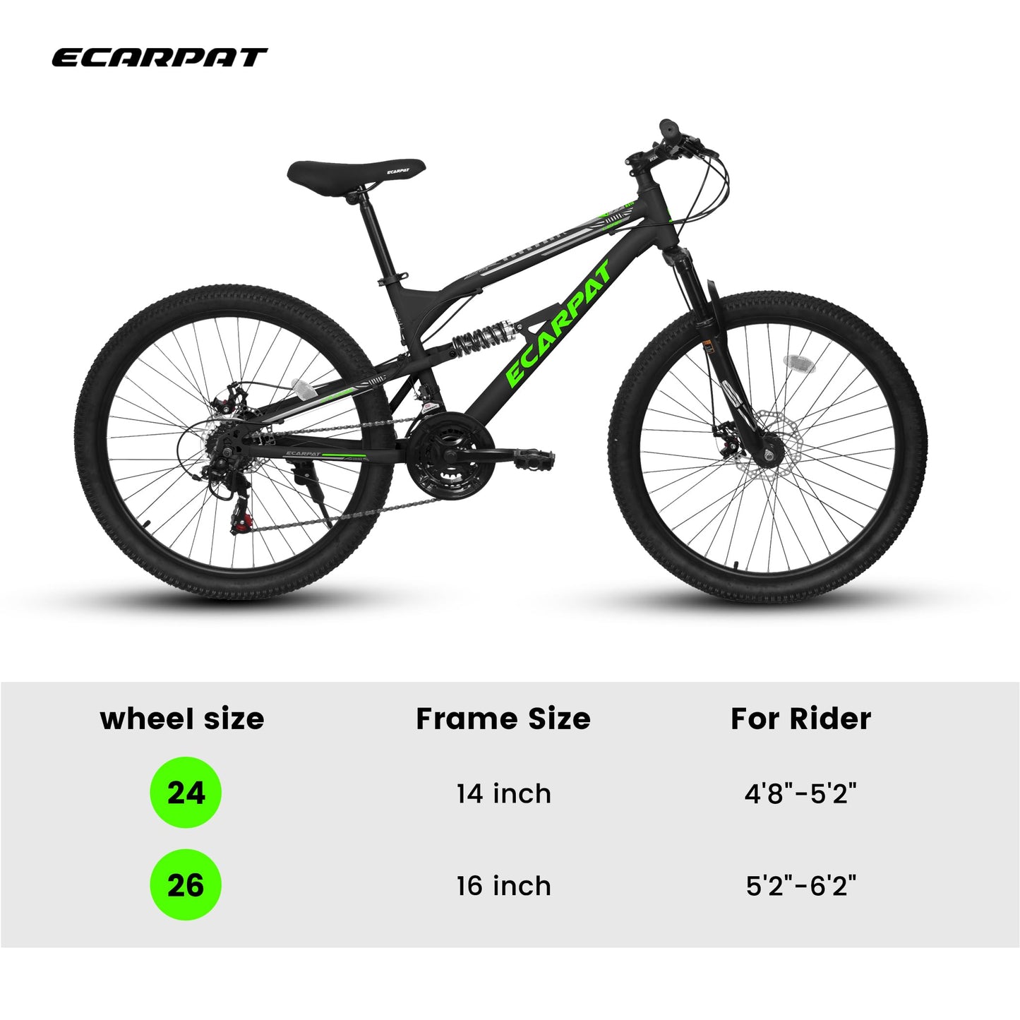 26 Inch Mountain Bike, 21-Speed Mountain Bicycle with Full Suspension and Dual Disc Brakes Thumb Shifter, High Carbon Steel Frame MTB Bike for Teenagers Adult Men Women Trail Commuter, Black-Green