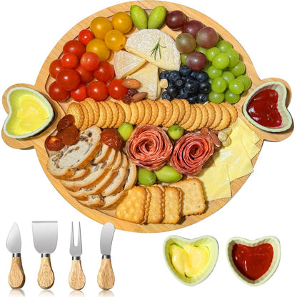 Hongsane Charcuterie Boards,Cute Bamboo Cheese Board,House Warming Gifts New Home,Wedding Bridal Shower Gift,Valentine Birthday Mother's Day for Women Mom,Round Meat Fruit Serving Tray Platter