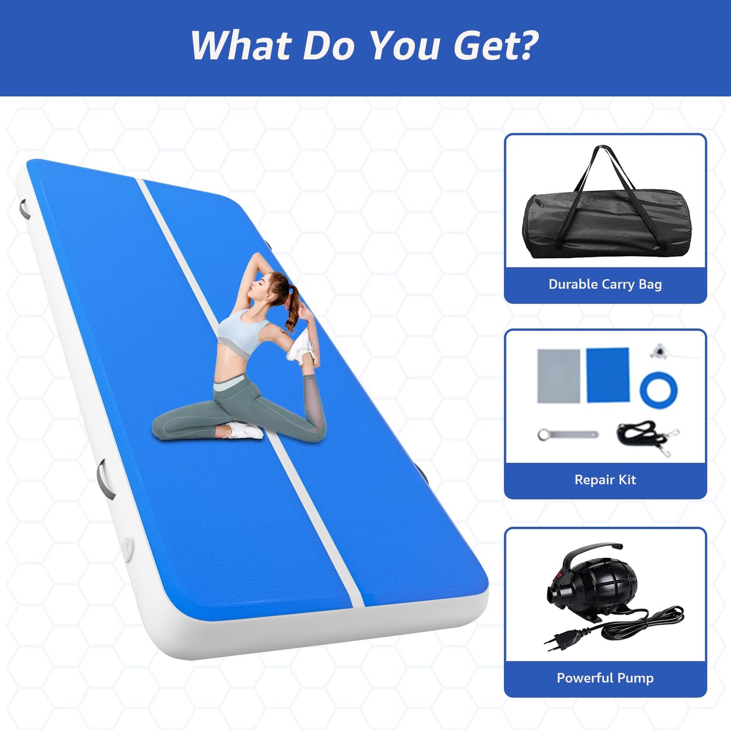Inflatable Gymnastics Tumbling Mat 8in Thick 20FT/26FT Yoga Training Track with Electric Pump for Gymnastics, Cheerleading, Home, Pool, Gym, and Outdoor Activities (Blue, 20ft x 6.6ft x 8in)