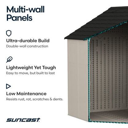 Suncast 8x10 Ft. Outdoor Storage Shed - Large Resin Outdoor Shed with Floor Included, Lockable Double Doors & Skylights. 547 Cu Ft Tremont Garden Resin Sheds for Lawn Tools, Riding Mowers, & Bikes