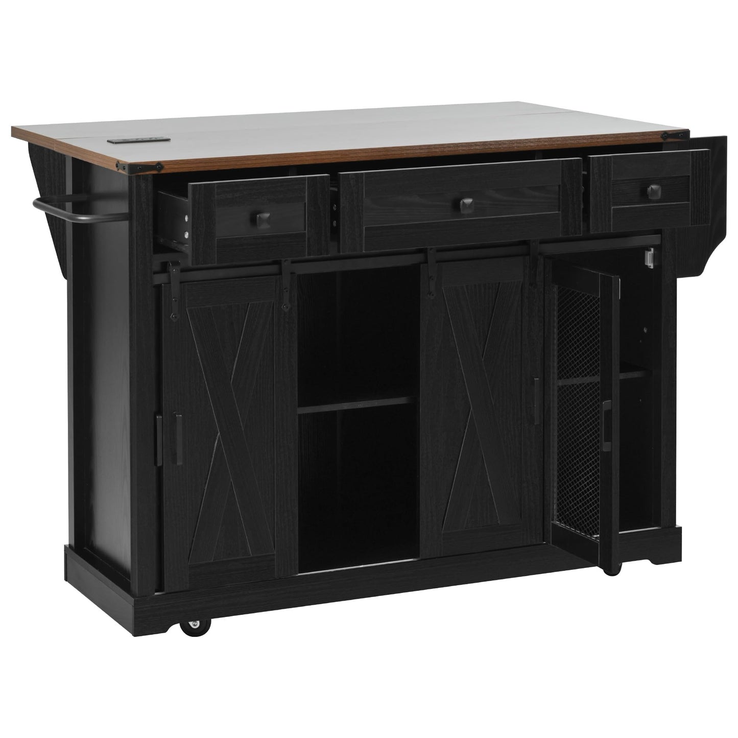 Bellemave 58" Farmhouse Kitchen Island cart with Charging Station and with Storage, Sliding Barn Door & Metal Grid Side Door, Rolling Kitchen Island Table with 5 Wheels with Spice Rack, Black