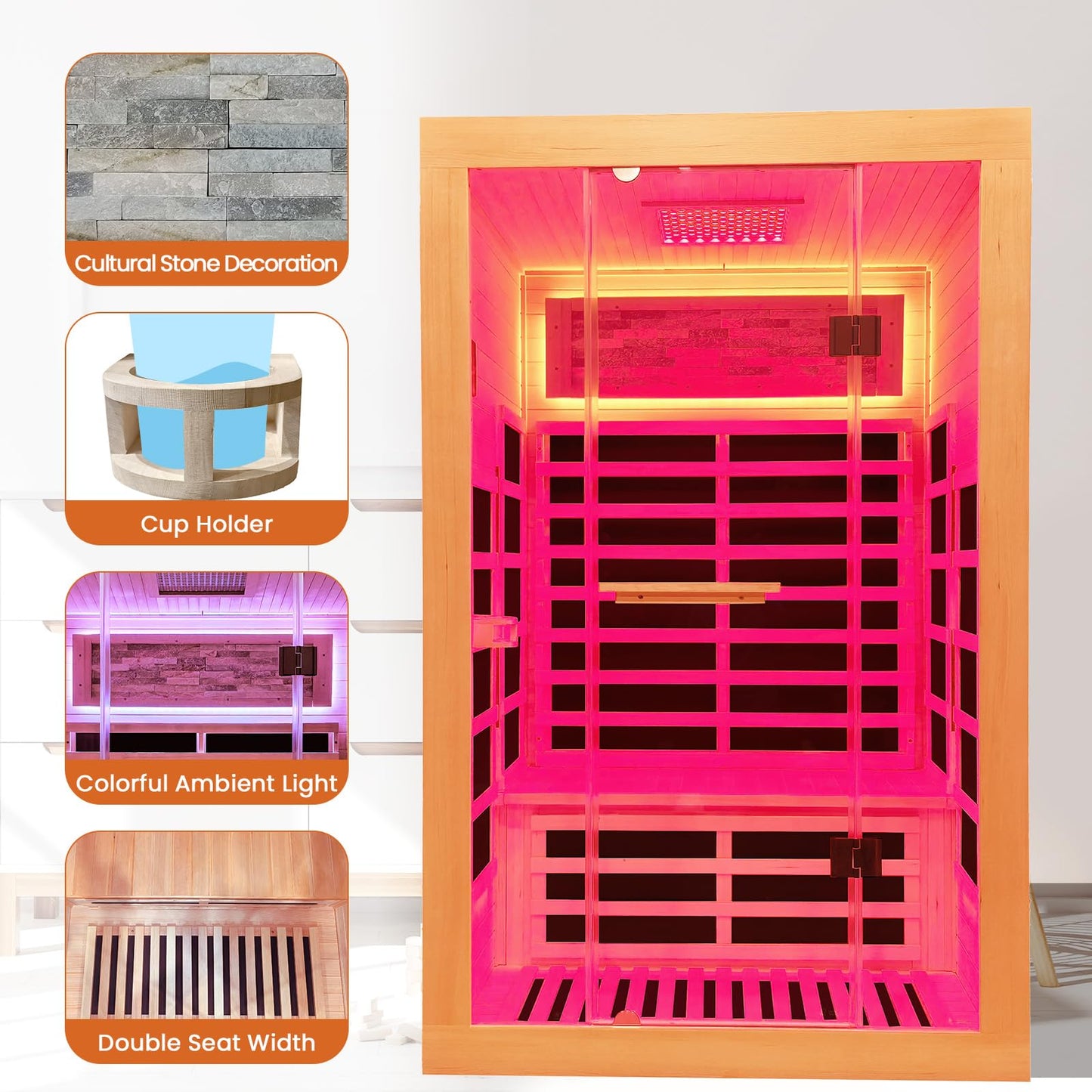 OUTEXER Infrared Sauna 2000W Wooden Saunas Home Spa Room Canadian Hemlock Wood Low-EMF Indoor Saunas with with Red Light Beauty Lamp for Two Person 74.8 * 47.2 * 41.3Inch