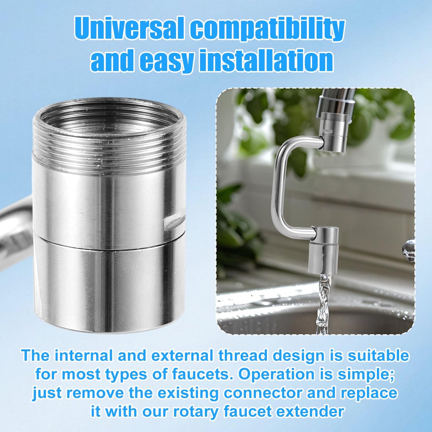Rotatable Sink Faucet Aerator Extension, Universal Rotating U-Shaped Faucet Extender with Washers 2 Modes Adjustable Flexiflow 1080° Rotating Tap Spray Head Adapter for Kitchen & Bathroom Upgrade