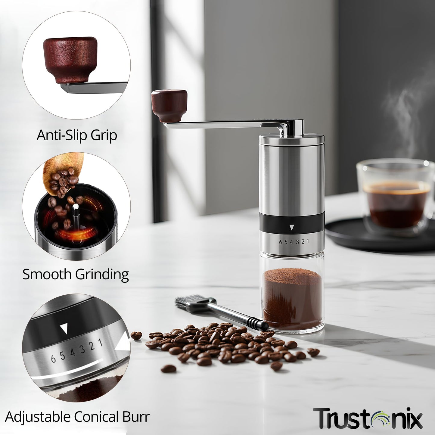 Trustonix - Portable Hand Coffee Grinder | Portable Coffee Grinder for Travel | Cocoa Beans Grinder | Portable & Compact Design | Smooth Grinding | Easy To Use | Higher Efficiency | Powerful & Stable