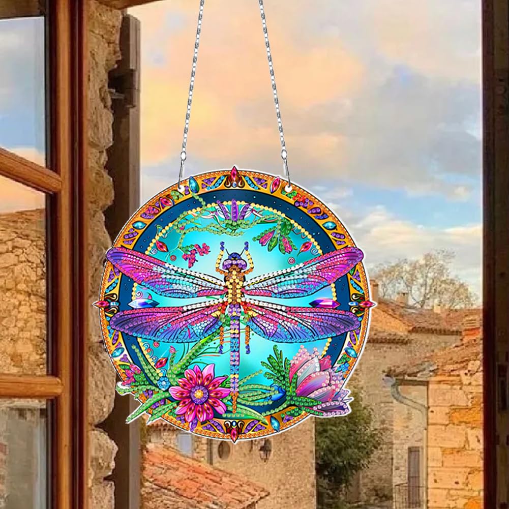 3Pcs DIY Hanging Diamond Art Pendant Kit Butterfly Dragonfly Fairy, Special Crystal Acrylic Diamonds Painting Ornament Kit for Adults, 5D Diamond Art Suncatchers Gem Painting Box Kit (Pink)