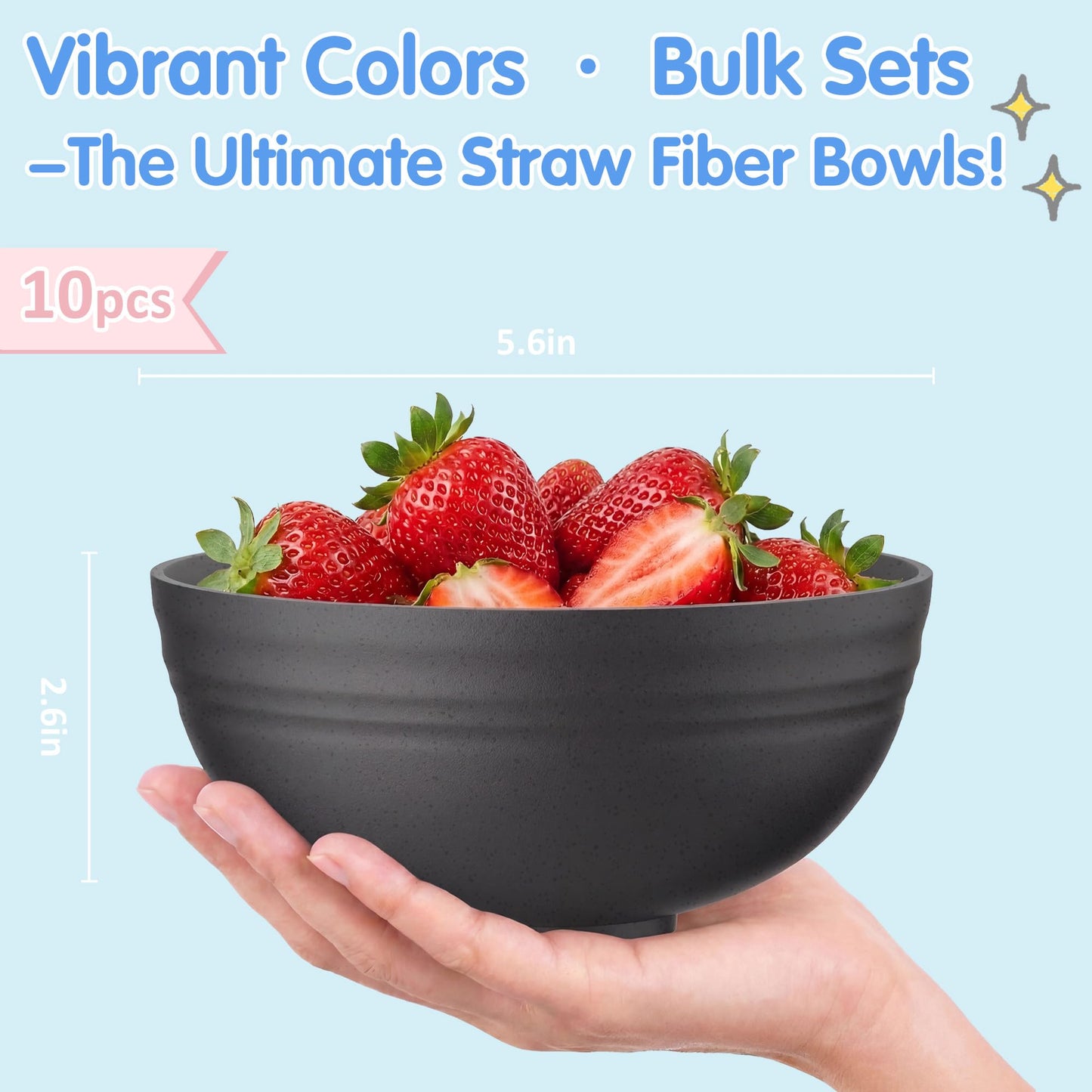 Quatish 10 PCS Unbreakable Cereal Bowls,Dishwasher & Microwave Safe Wheat Straw Bowls, Easy-to-Clean Lightweight Desserts & Soup Bowl, Portable for Picnics ，Snack Plastic Bowls Set,Black