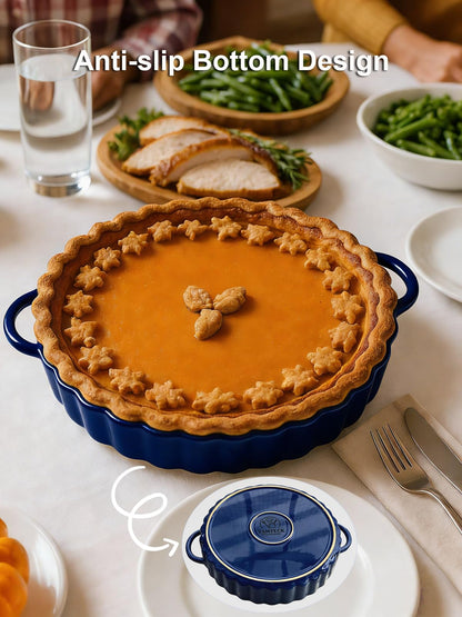 Yamteck 10×2in Deep Ceramic Pie Pan with Handles for Pie Quiche Tart Baking. Easy to grip, Lead-Free. Casserole Lasagna Dish for Thanksgiving Christmas Gift. Oven Microwave Dishwasher Safe. Blue