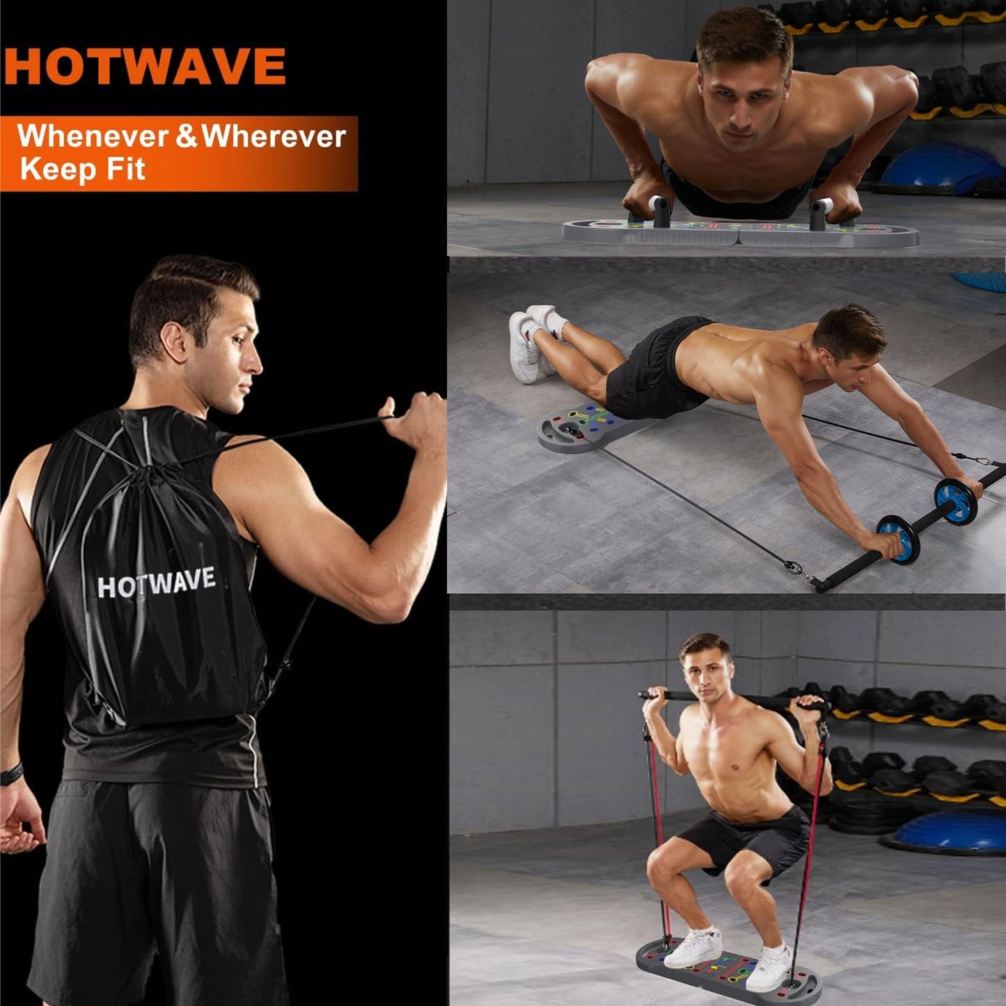 HOTWAVE Portable Exercise Equipment with 16 Gym Accessories.20 in 1 Push Up Board Fitness,Resistance Bands with Ab Roller Wheel,Full Body Workout at Home