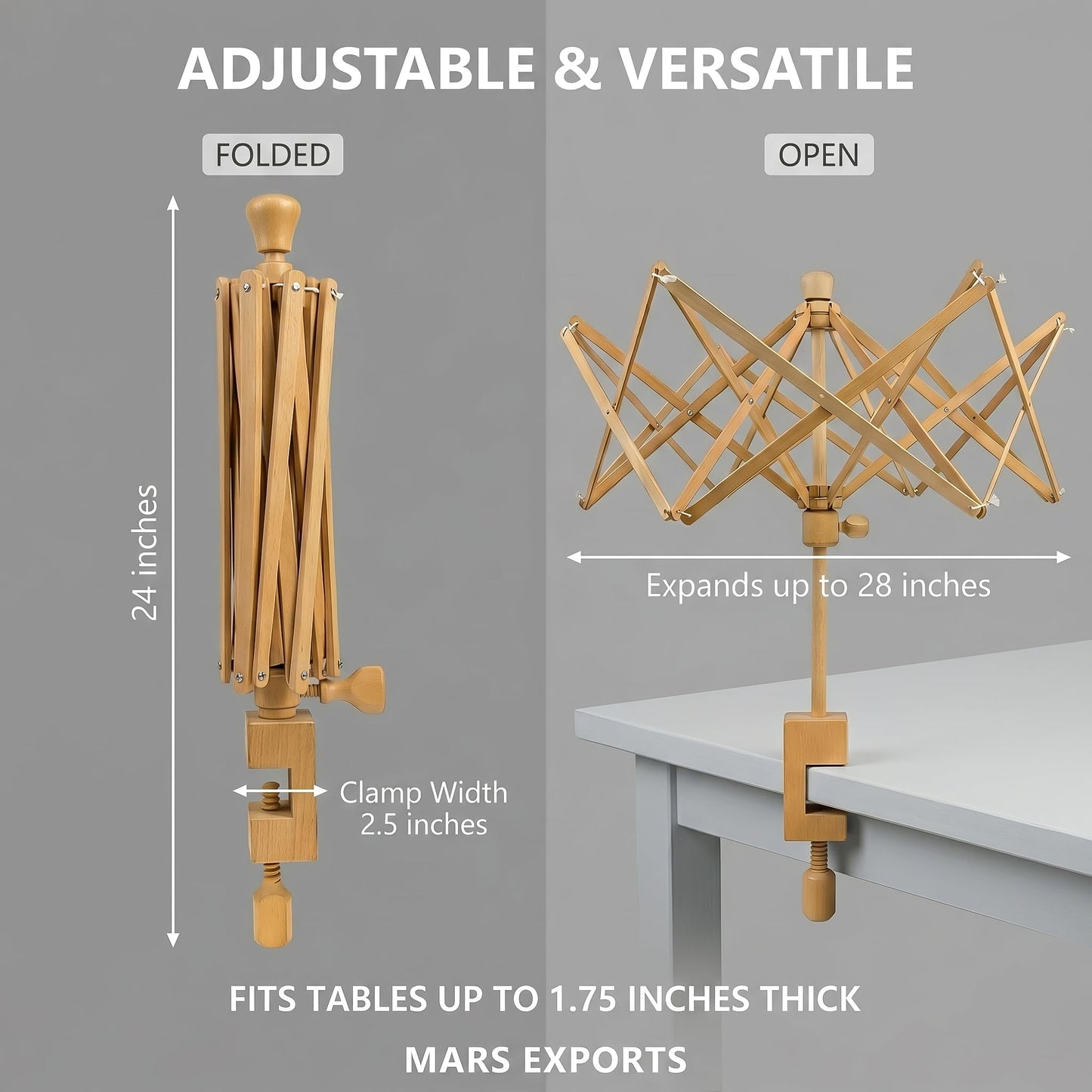 Mars Export Wooden Umbrella Swift Yarn Winder - Heavy Duty Beech Wood Hand Operated Bobbin Holder for Knitting & Crocheting, Holds up to 6' Circumference Skein
