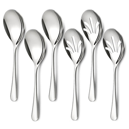 Mwellewm 6 Pcs Serving Spoons Set 9.5 Inch Large Stainless Steel Serving Spoons for Buffet Silver 3 Serving Spoons 3 Slotted Serving Spoons Dishwasher Safe for Parties Kitchen Buffet Catering Dinner
