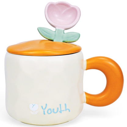 Disoza Mug With Lid 15 OZ Ceramic Tea Christmas Pink Tulip Coffee Flower Cup Floral Funny Coffee Mug Birthday Gift for Women Girlfriend