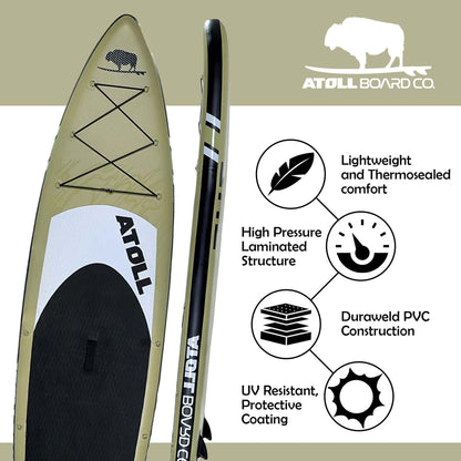 Atoll Inflatable Paddle Board with Premium SUP Stand Up Paddle Board Accessories & Back Pack, Non-Slip Comfort Deck for Unisex Adult - 11ft (Desert Sand)