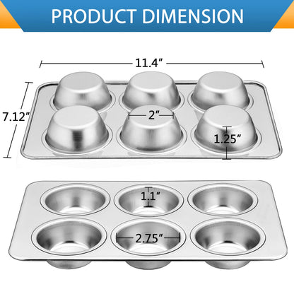 E-far Muffin Pan Set of 2, Stainless Steel Muffin Pan Tin for Baking, 6-Cup Metal Cupcake Pan Tray, Non-toxic & Healthy, Oven & Dishwasher Safe, Regular Size - 11.44 x 7.12 x 1.25 Inch
