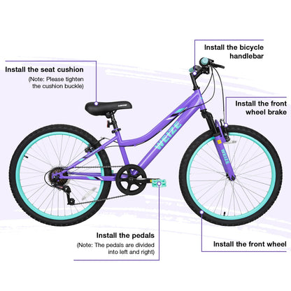 WEIZE 24 Inch Kid Mountain Bike,Kid Bike for Girls Age 6-14 Year Old,6 Speed Kid Bicycle with Front Suspension Fork,Adjustable Seat Height,High-Carbon Steel Frame,Ideal for Girl Adventurers,Purple