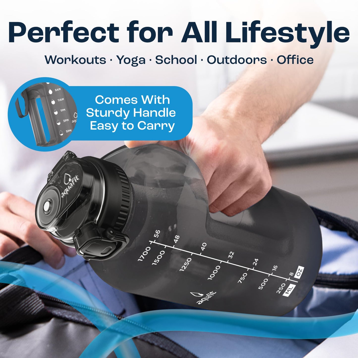 AQUAFIT Half Gallon Water Bottle with Time Marker - Straw & Chug Lid - BPA Free Gym Water Bottle with Straw - Big Gallon Jug (Gray, 64 oz - 2in1 Lid)