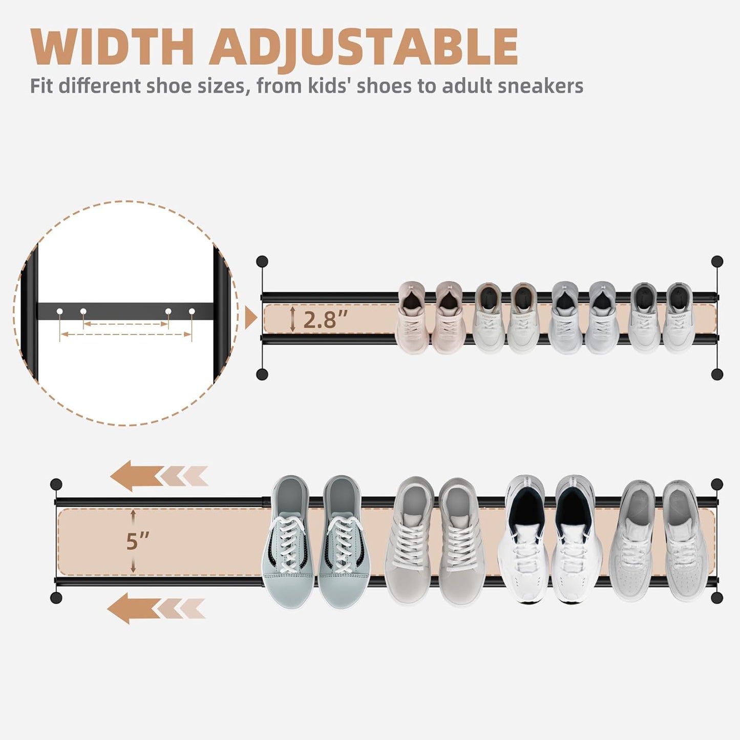 18 Closet, 3 STORAGE MANIAC Long Expandable Shoe Rack, Pairs Metal Wide Stackable Shoe Rack, Adjustable Shoes Shelf