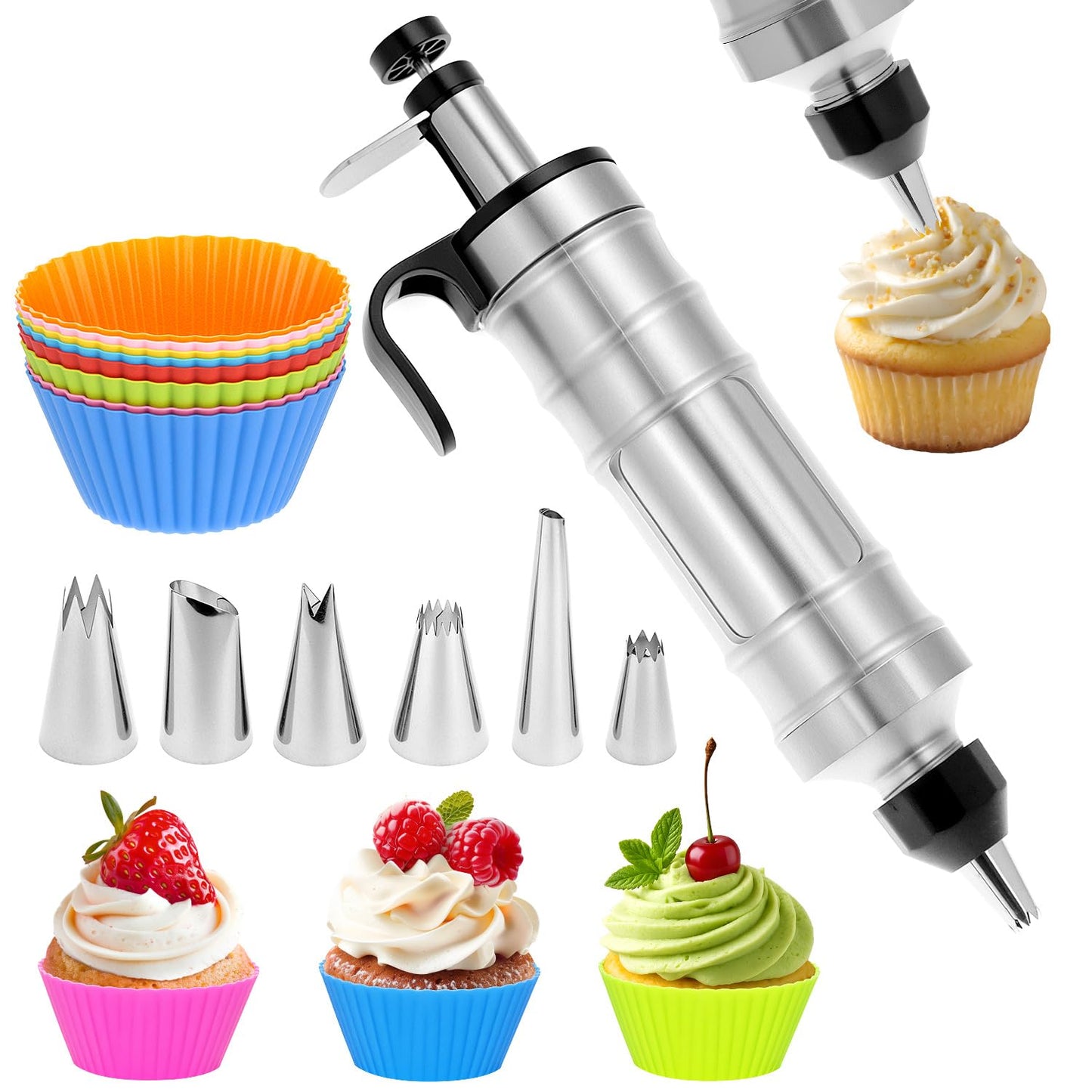 QWORK Dessert Decorating Syringe Set, 304 Stainless Steel Frosting Icing Piping Kit with 6 Replaceable Tips and 8 Silicone Cupcakes - Ideal for Cakes, Cupcakes, Cookies