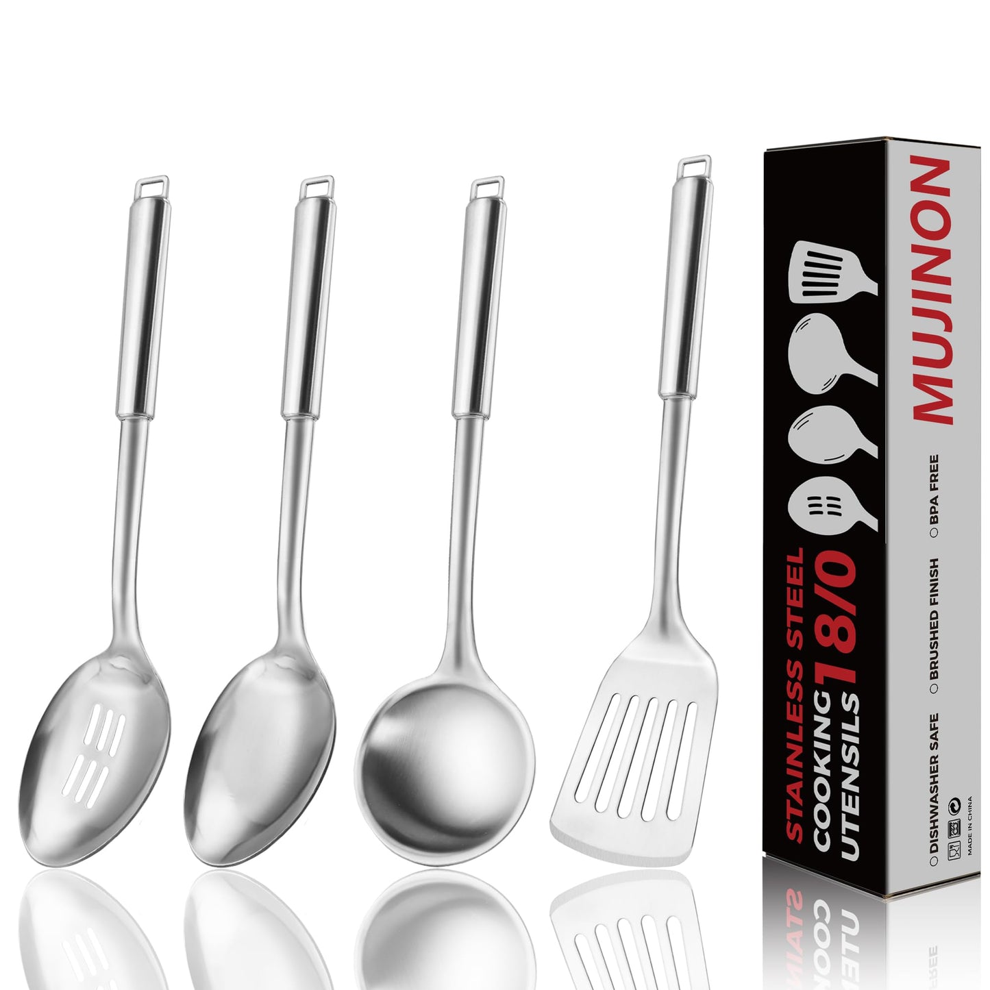 MUJINON 18/0 Stainless Steel Kitchen Cooking Utensil Set, Ergonomic Handle, Dishwasher Safe, Slotted Spoon, Ladle, Turner, Serving Spoon for Housewarming Daily Use Commercial, Pack of 4