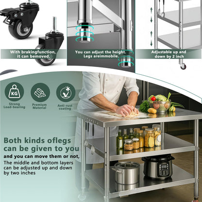 Stainless Steel Table with Wheels for Food Preparation and Work, Multi-Size Optional, Three-Layer Variable Two-Layer Metal Commercial Workbench Outdoor, Restaurant, Kitchen (72" Lx24 Wx34 H)