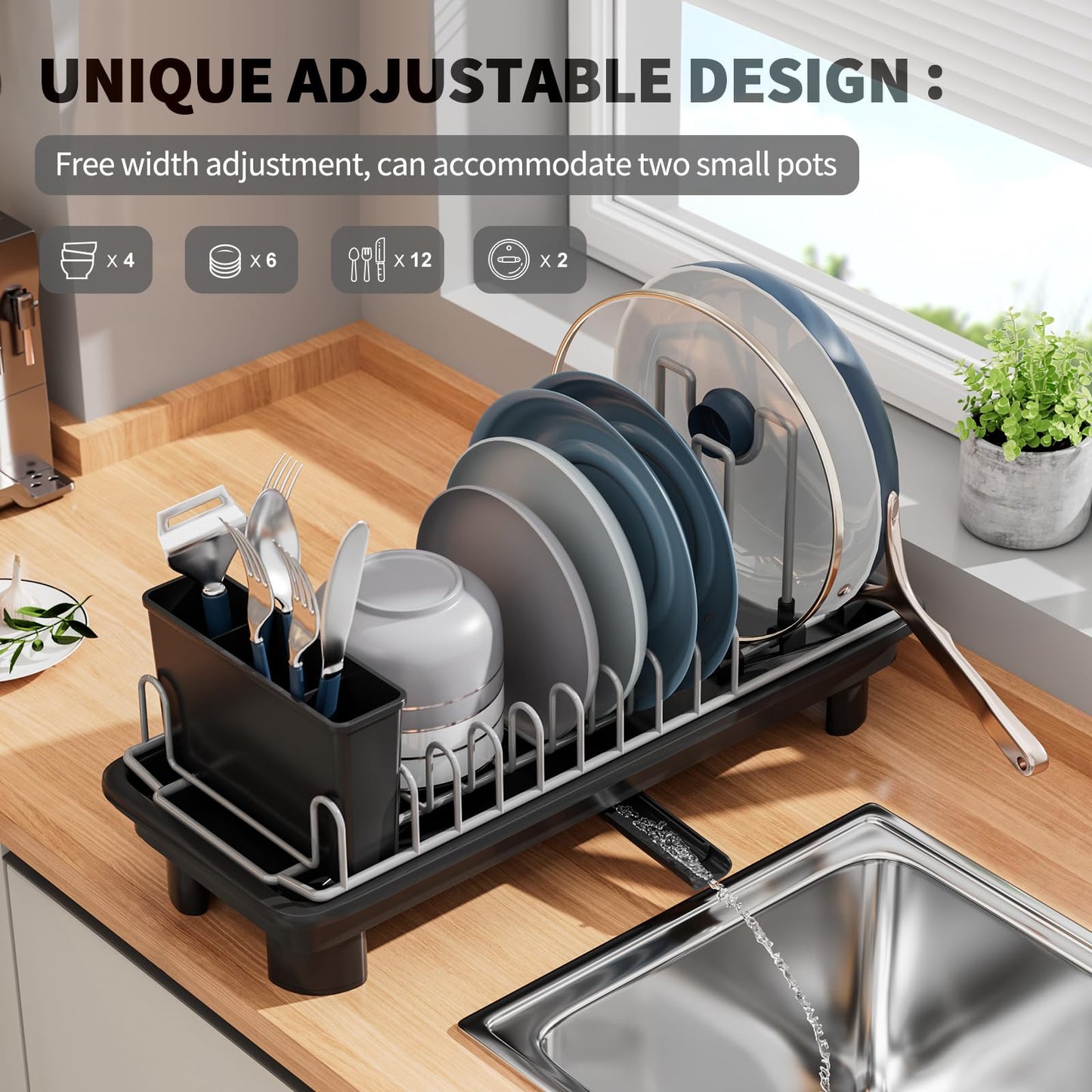 SanDream Small Dish Drying Rack with Removable Utensil Holder & Anti-Scratch Base - Stainless Steel Dish Rack, Dish Drying Rack with Drainage & Space Saving Design for Kitchen Counter, Black