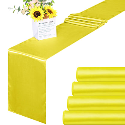 ANECO 4 Pack Satin Table Runner 12 x 108Inch Long Bright Silk and Smooth Fabric Party Table Runner for Wedding Banquet Party Decoration- Yellow