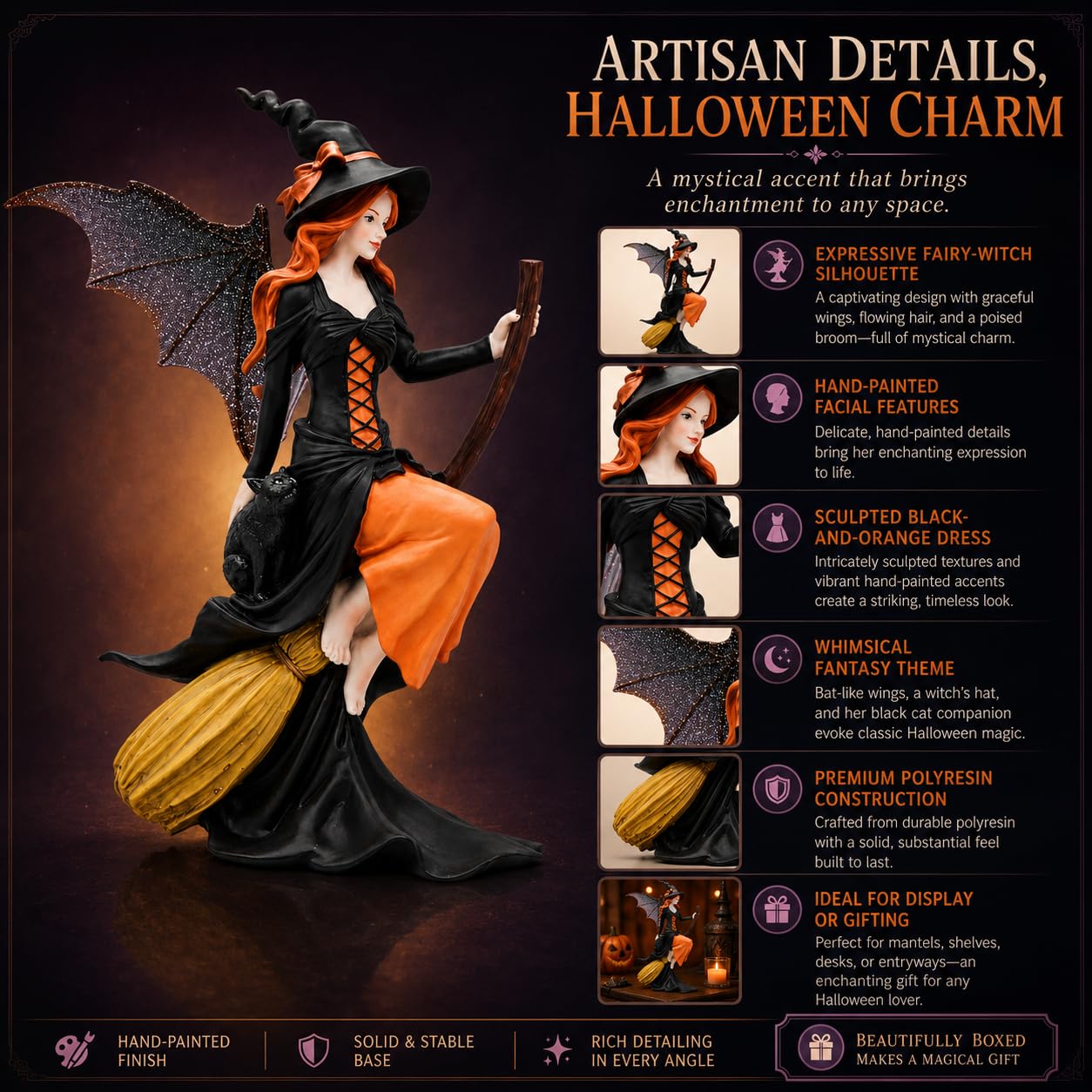 Comfy Hour 8" Gothic Fairy Witch Figurine on Broom, Fantasy Sorceress Statue with Mystical Wings, Spooky Halloween Indoor Decor Accent, Polyresin Artisan Crafted Sculpture, 1 Unit