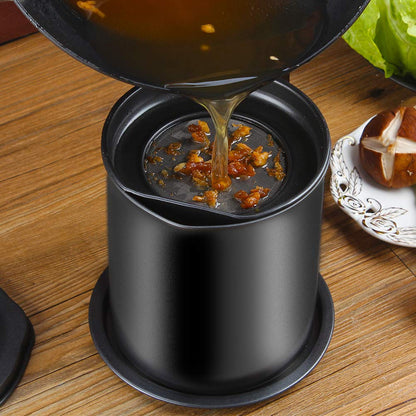 Cambom Bacon Grease Container with Fine Mesh Strainer, 1.3 L almost 6 Full Cups Iron Cooking Oil Can with Removable a Coaster Tray for Kitchen Fat Storage Black