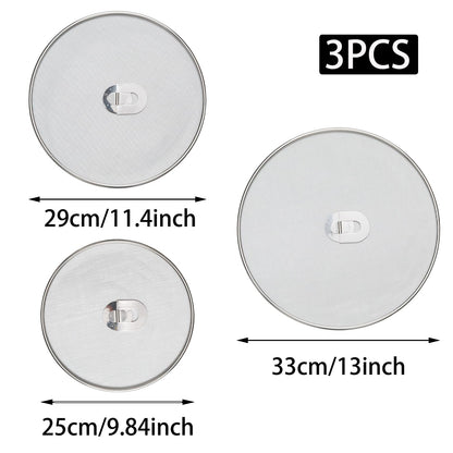 OYWOBET 3 Pack Silver Stainless Steel Splatter Screens (9.8", 11.4", 13"), Grease Splatter Guard Ultra-Fine Mesh, Foldable Knob for Cooking/Chefs/Home Cooks