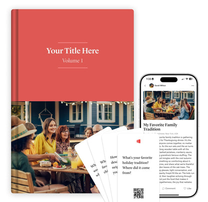 Custom Hardcover Family Memory Keepsake Book + Storied Starter Cards (78 Cards) - Complete Legacy Bundle Gift for Grandparents & Parents - Preserve Family Stories & Memories