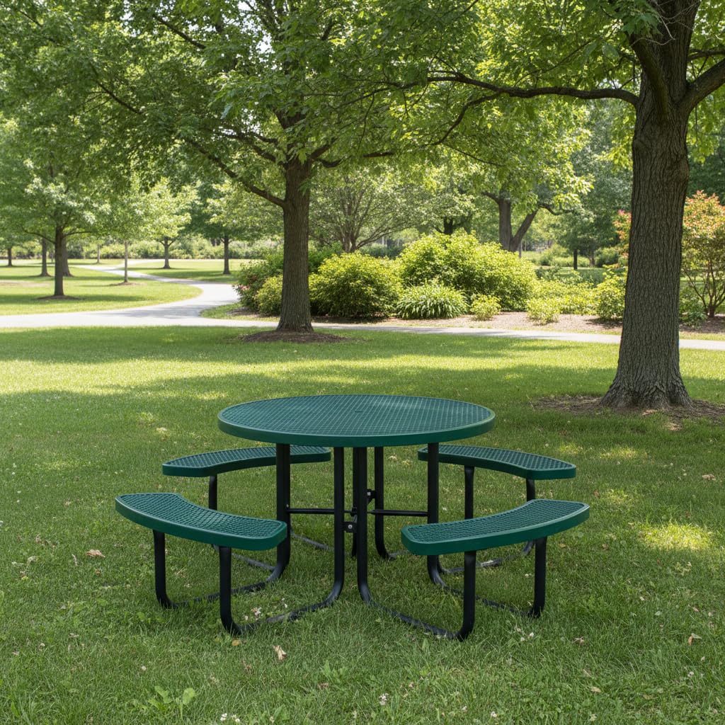 Sunnibety 8-Person Picnic Tables for Outdoors, Industrial 46" Expanded Metal Round Picnic Table with 4 Benches & Umbrella Hole, Outside Table and Bench Set for Park, Garden, Backyard, Patio, Green