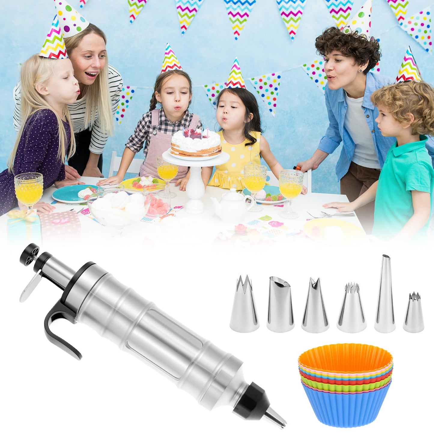 QWORK Dessert Decorating Syringe Set, 304 Stainless Steel Frosting Icing Piping Kit with 6 Replaceable Tips and 8 Silicone Cupcakes - Ideal for Cakes, Cupcakes, Cookies
