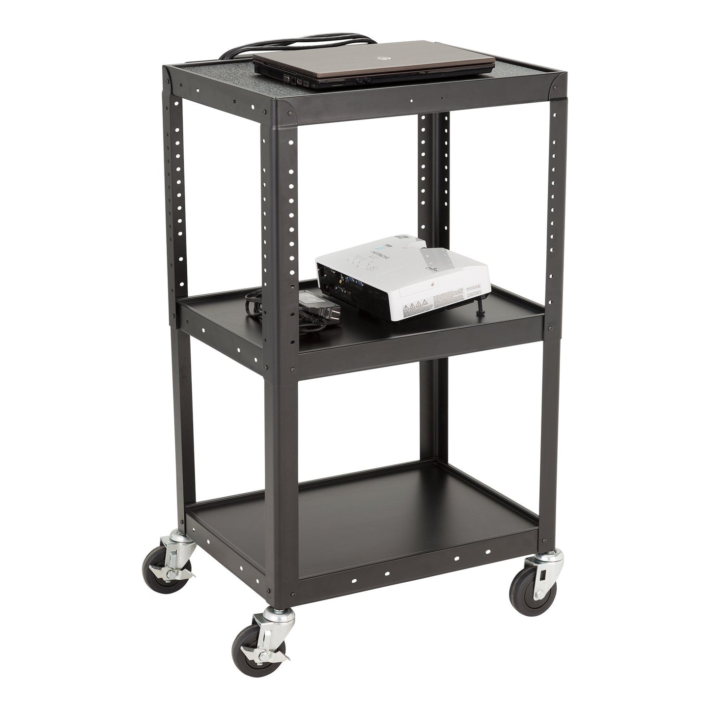 Norwood Commercial Furniture Adjustable Height Metal AV Cart with Electric Power Cord, Black