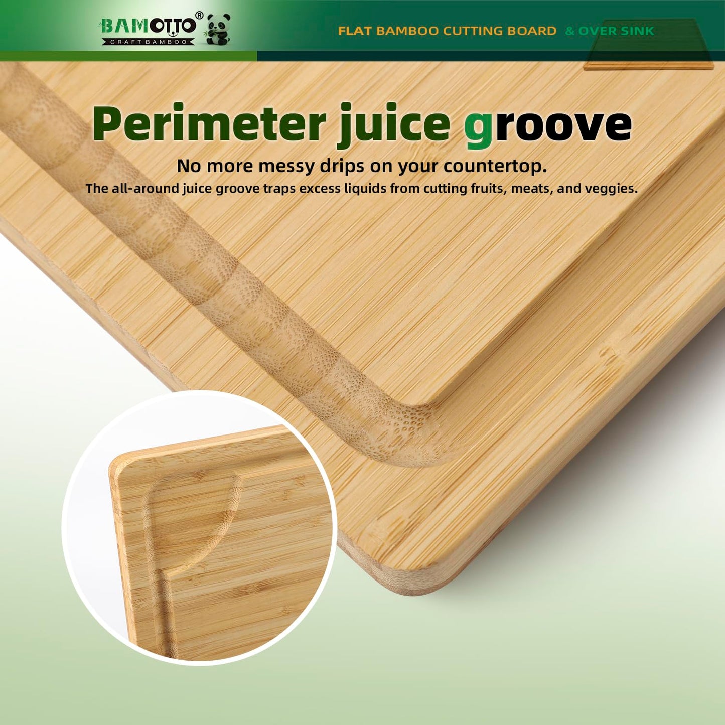 BAMOTTO CRAFTBAMBOO XXL Extra Large 100% Organic Bamboo Cutting Board 24"x18" - Butcher Block Chopping/Carving Board with Handle & Juice Groove for Turkey, Meat, Vegetables, BBQ