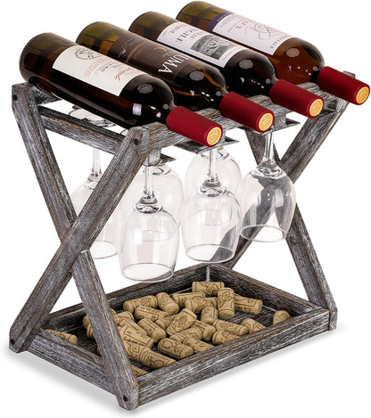 WDSHIYI 4 6 Countertop Rustic Wood Wine Rack for Bottles and Stemware Glass Holder- Wine Racks with Glass Holder, Home